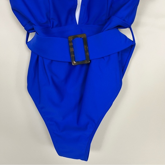 ONE PIECE SWIMSUIT PLUNGE V RUFFLE NECKLINE WITH BELT COBALT BLUE SIZE XL - Picture 5 of 15